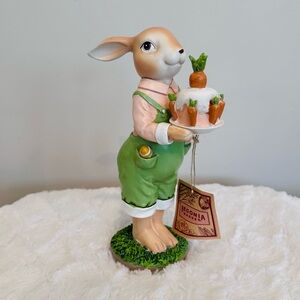 Peter Cottontail Easter Bunny Boy In Overalls Holding Carrot Cake 10” NEW